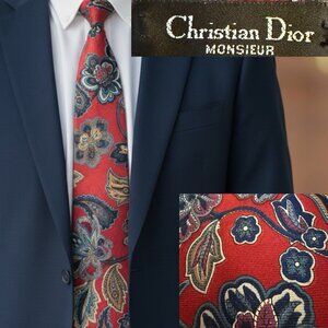 Christian Dior Monsieur Tie Silk Red Blue Floral USA Made Vintage 90s 58.5x3.87”
